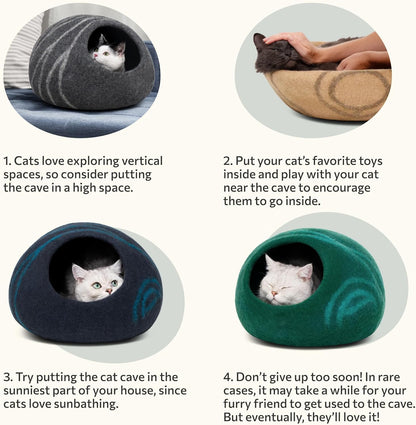 Premium Felt Cat Cave - Handmade 100% Merino Wool Bed for Indoor Cats (Large, Slate Gray)
