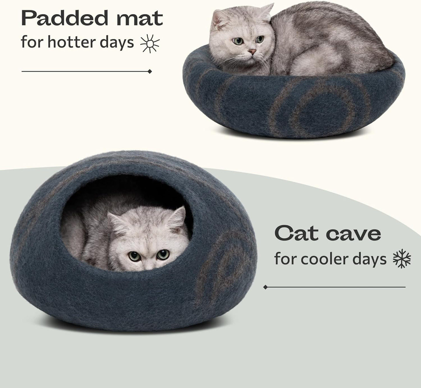 Premium Felt Cat Cave - Handmade 100% Merino Wool Bed for Indoor Cats (Large, Slate Gray)