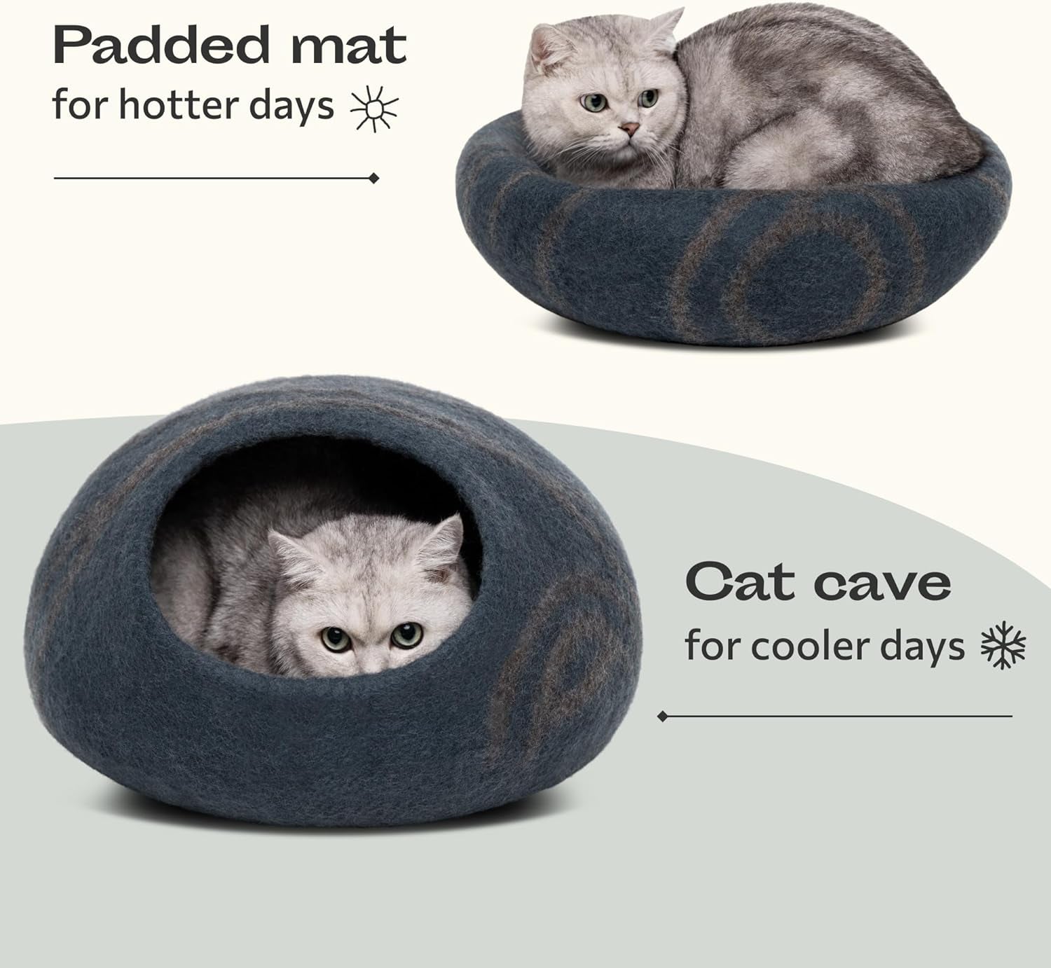 Premium Felt Cat Cave - Handmade 100% Merino Wool Bed for Indoor Cats (Large, Slate Gray)