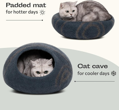 Premium Felt Cat Cave - Handmade 100% Merino Wool Bed for Indoor Cats (Large, Slate Gray)